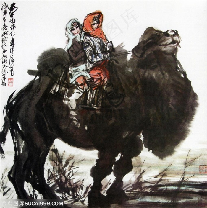 国画名家作品-黄胄的驼背上的小学生