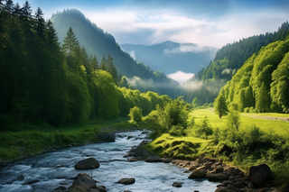 清晨雾气下的森林河流摄影图 