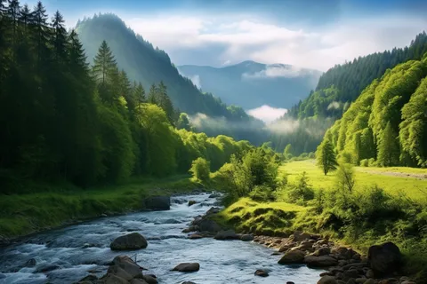 清晨雾气下的森林河流摄影图  清晨雾气下的森林河流摄影图