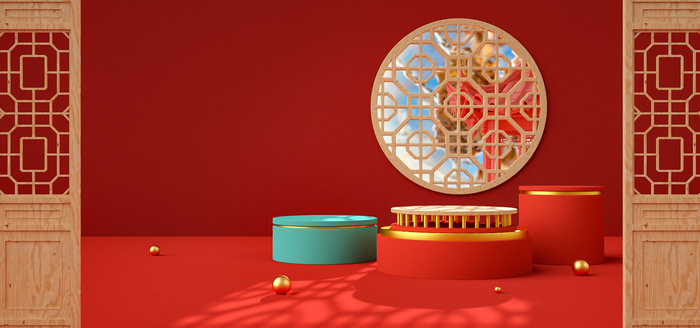 中国风国潮电商促销首页海报C4D背景图3D场景立体设计PSD素材模板