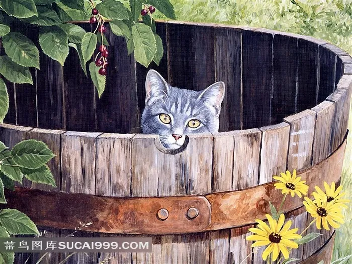 木桶里的小猫插画素材