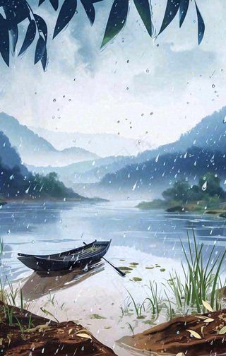 春天雨天湖面山脉小船植物花朵，雨水谷雨