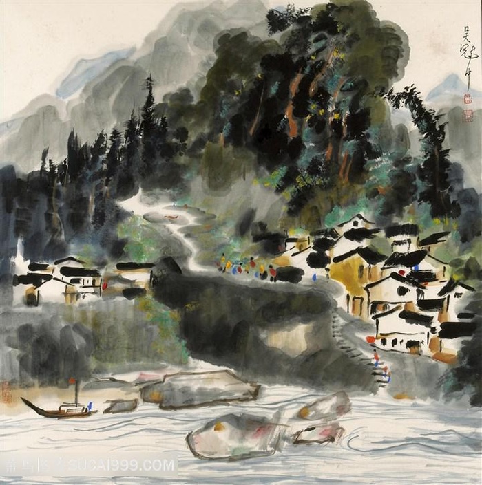 吴冠中水墨山脉房子装饰画