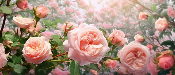 花园背景中五颜六色的玫瑰，以壮观的背景风格，浅粉色(6720x2880)
