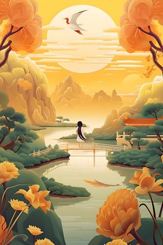 国潮花朵仙鹤云间背景