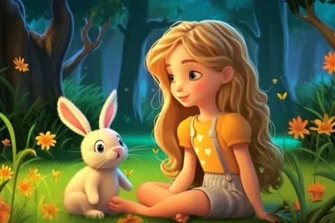 森林女孩兔子玩耍图
