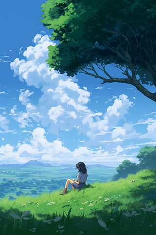 夏日少女坐着草坪大树下宫崎骏风格插画素材