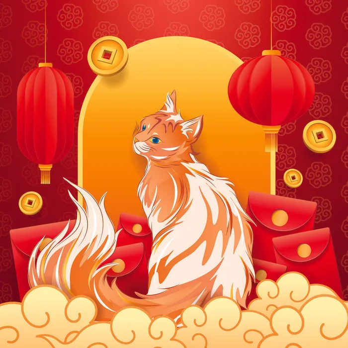 手绘新年猫年红色背景eps,ai矢量模版下载