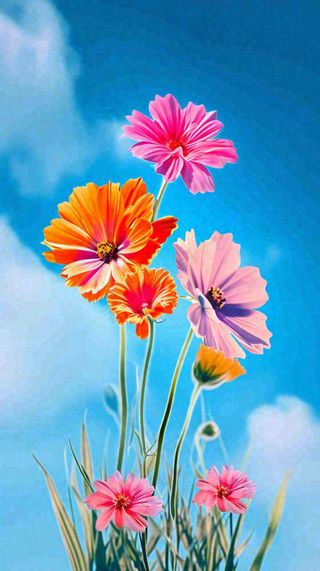 春天蓝天白云草坪鲜花，五彩缤纷鲜艳摄影图