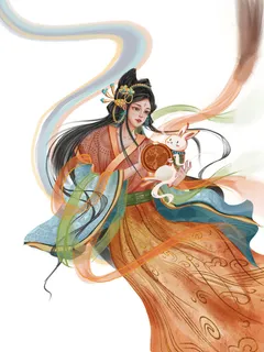 手绘国潮中国风古代敦煌神话飞天仙女美女古装人物插画PSD素材