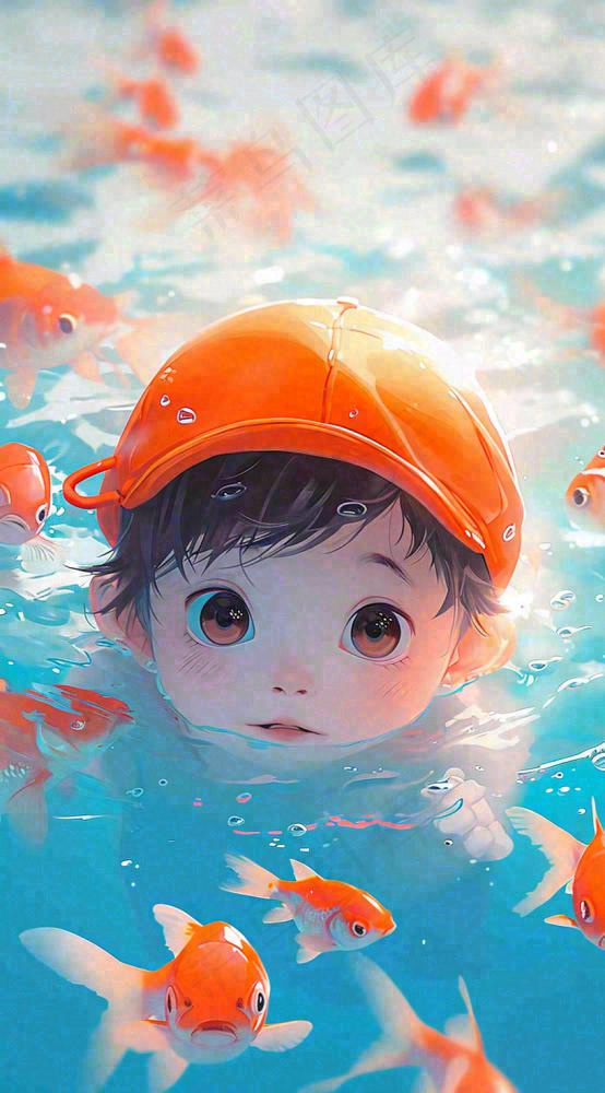 夏日阳光儿童男孩游水游泳泳池，金鱼温馨，夏天