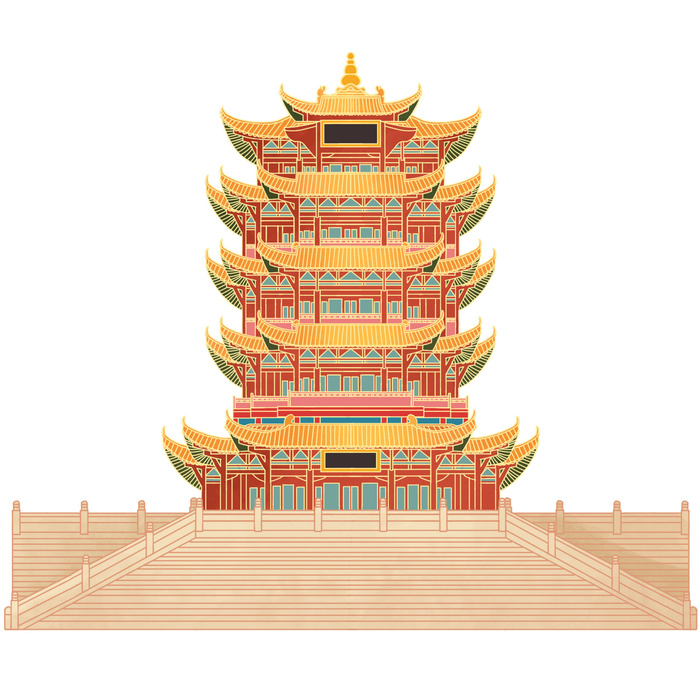 复古中国风国潮古建筑插画手绘高楼古塔PSD素材亭子png免抠图psd模版下载