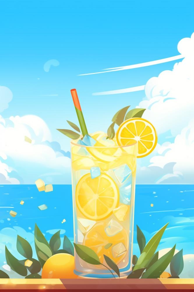 清新蓝天冰饮柠檬冰块插画背景(896x1344)