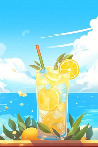 清新蓝天冰饮柠檬冰块插画背景