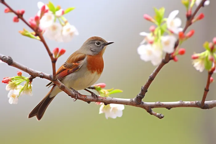 春天小鸟站在开花的树枝上粉红摄影图(4032x2688)