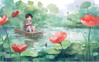 睡莲荷叶池塘里的孩子背景