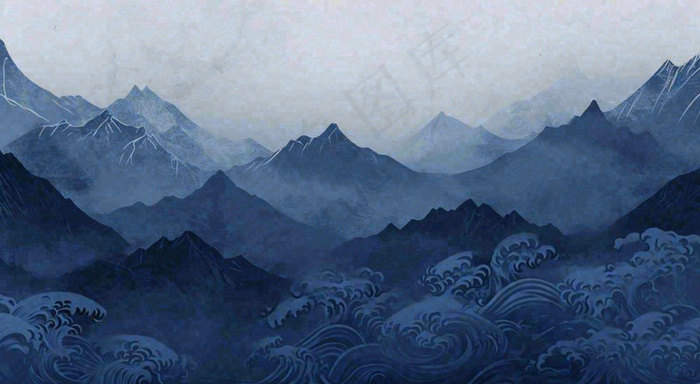 中国风意境山脉雪山海浪蓝色云层，末日暗黑恐怖(1488x816)