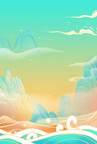 中国风国潮风山水祥云插画图案首页装修海报背景PSD设计模板素材