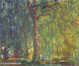 印象派莫奈垂柳风景油画图片