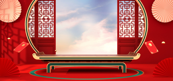 中国风国潮电商促销首页海报C4D背景图3D场景立体设计PSD素材模板