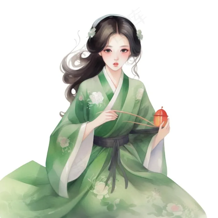 古装少女绿衣裙可爱插画免抠(1024x1024)