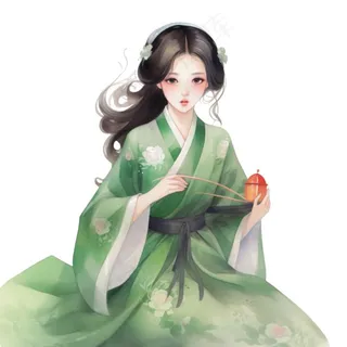 古装少女绿衣裙可爱插画免抠