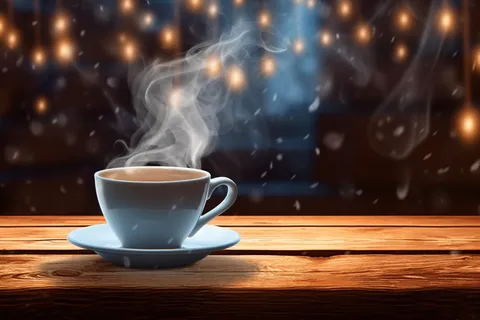 下雪天窗台的咖啡咖啡杯冒着热气摄影图