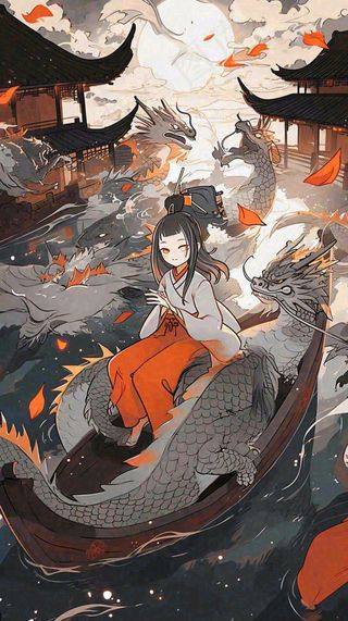 古风恐怖怪兽龙河面灯笼建筑插画，暗黑