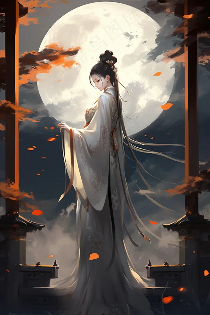 古风古装少女国风画风月亮发丝插画素材(x)