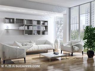 客厅沙发茶几与书架等摄影