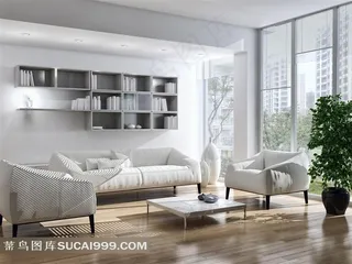 客厅沙发茶几与书架等摄影