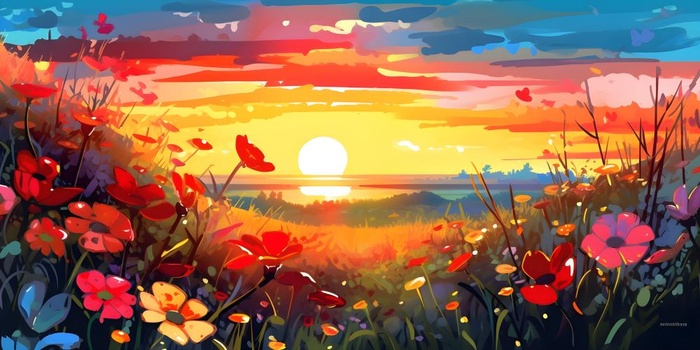 春天夕阳花丛草丛森林手绘插画海报素材背景(6144x3072)