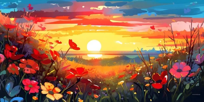 春天夕阳花丛草丛森林手绘插画海报素材背景(6144x3072)