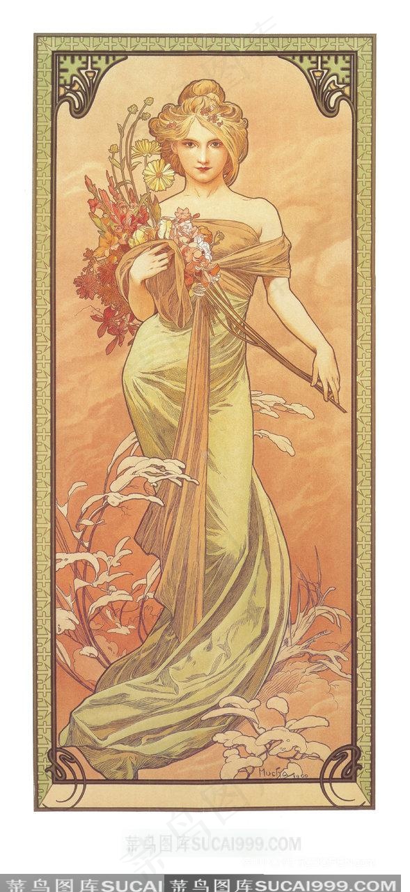 拿着花的女性插画