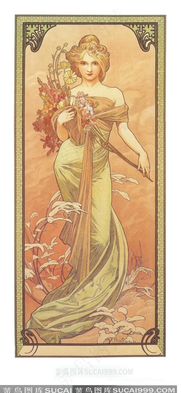 拿着花的女性插画
