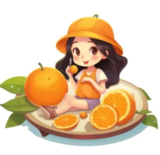 在橙子盘子里的女孩插画免抠