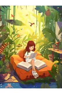 女孩在丛林氧吧读书卡通插画背景
