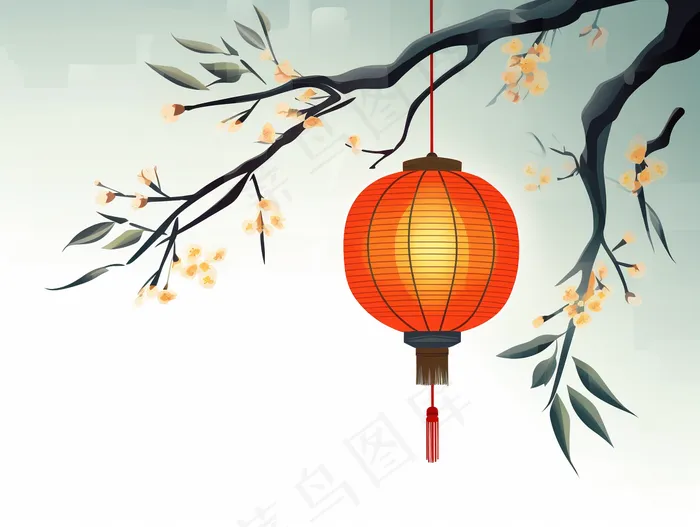 古风树枝挂灯笼花枝头插画素材(3696x2784)