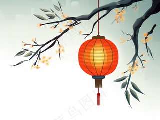 古风树枝挂灯笼花枝头插画素材