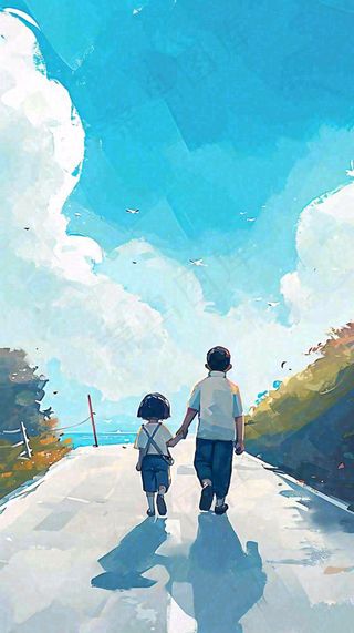 蓝天白云下父亲牵着手，父爱背影亲情伟大感恩