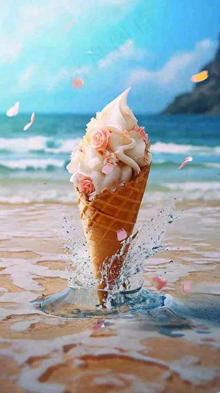 夏天沙滩海边雪糕清爽美食冰淇淋，夏至小暑大暑