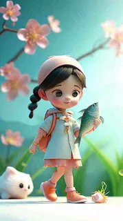 儿童节小女孩田间游玩小草小花,动物鱼类可爱 儿童节小女孩田间游玩小草小花,动物鱼类可爱