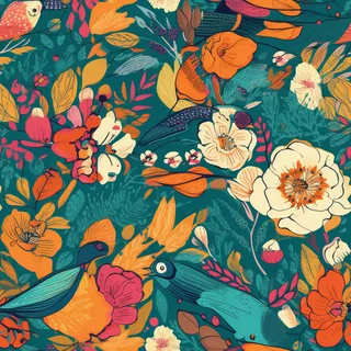 花鸟图，插画风格，无缝贴图，素材