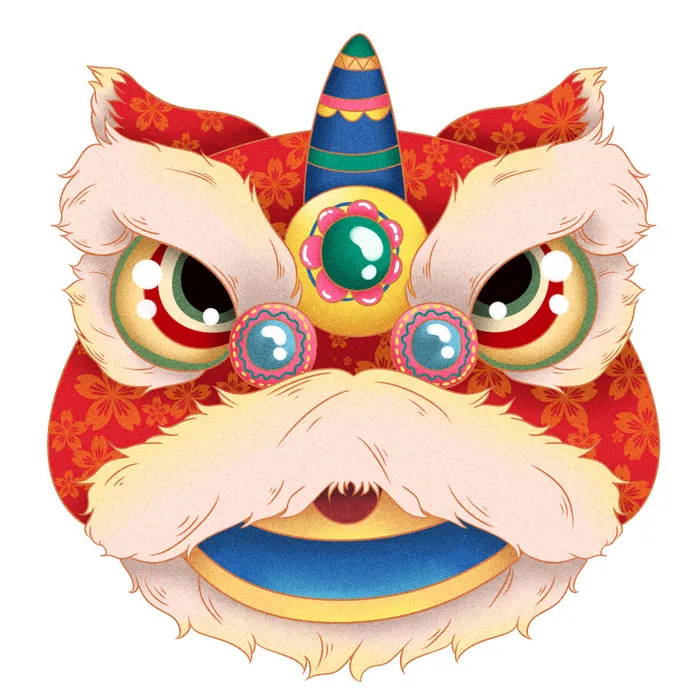 新年春节虎年元宵手绘人物舞狮卡通狮子头插画元素PSD设计素材