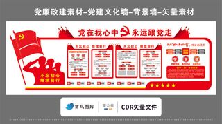 党建文化墙党建素材CDR预览图红色背景党在我心中四讲四有敬礼