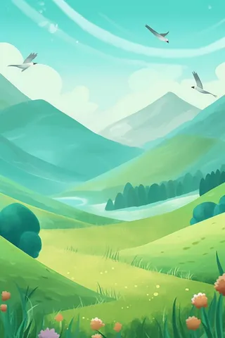 草地天空清新插画背景图