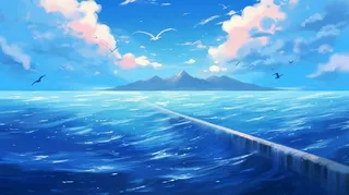 海洋湖泊海蓝色水天空白云海鸥卡通插画