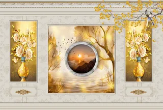 新中式花瓶花边边框电视背景墙