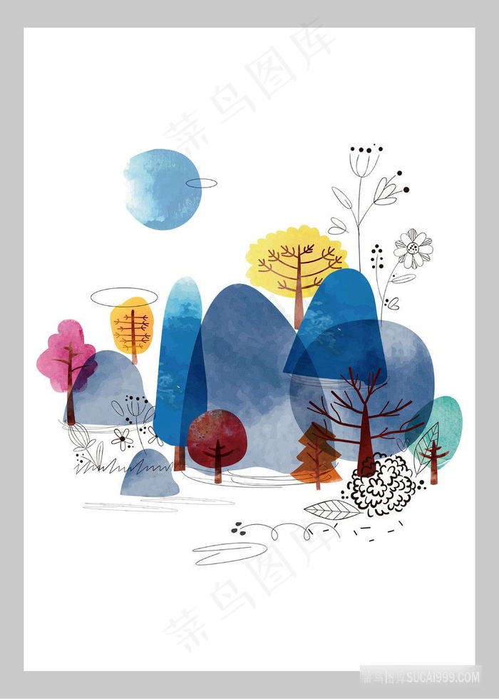 唯美水彩山脉树木装饰画
