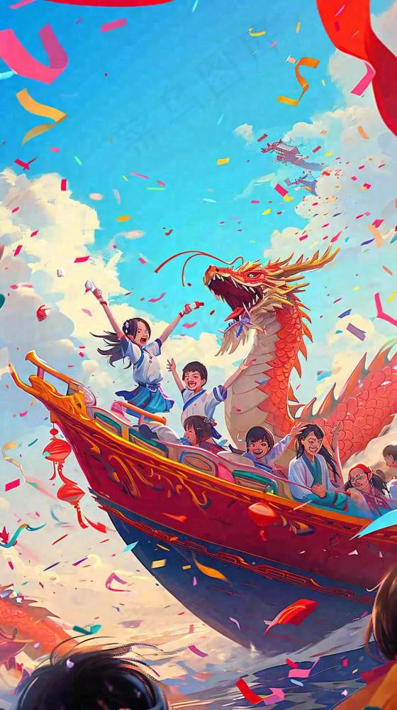 海面上龙船开船手绘插画，孩子人物，蓝天白云古风(816x1456)